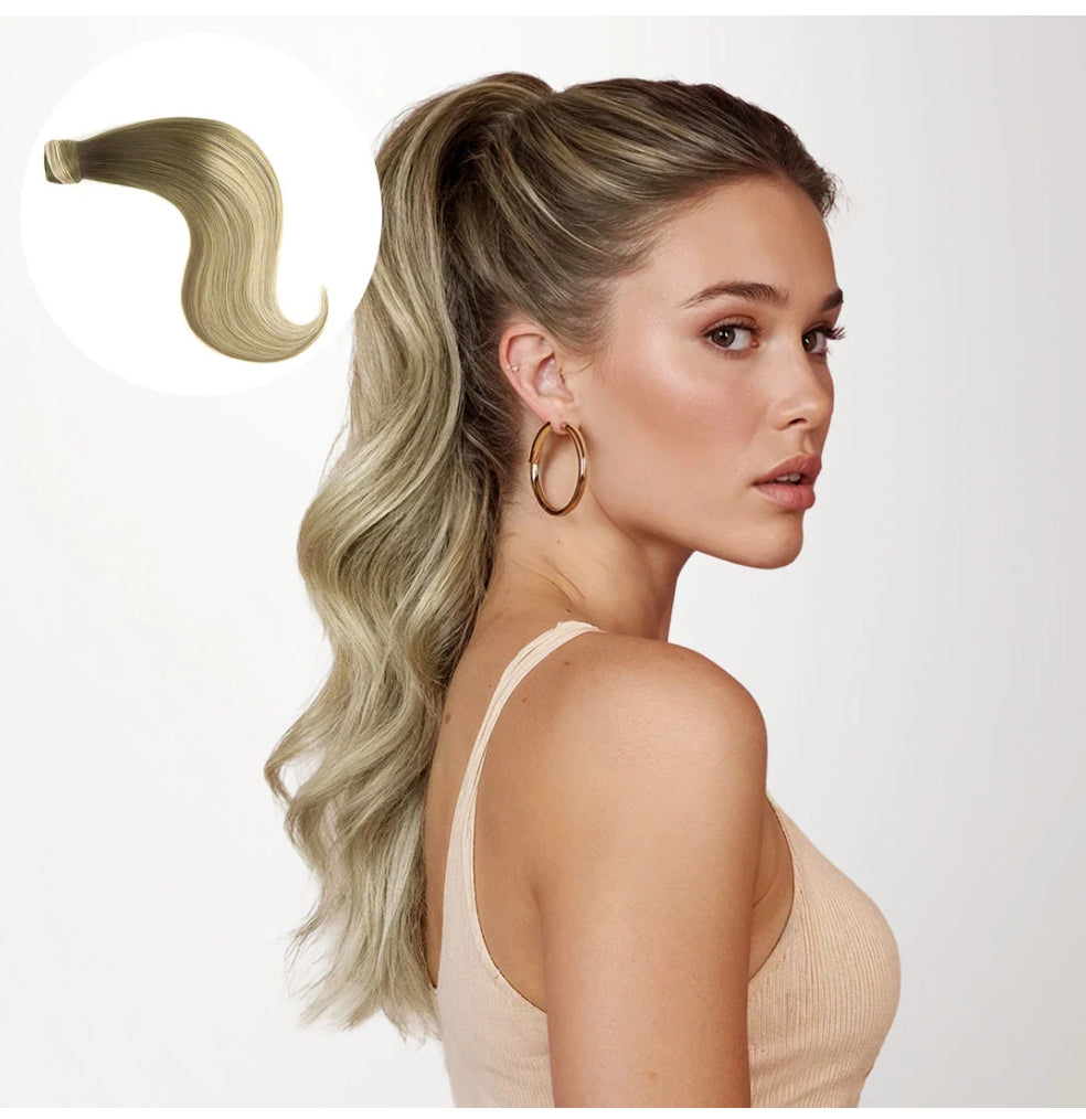Balayage rubio decolorado- Extensiones de cola de caballo de cabello humano